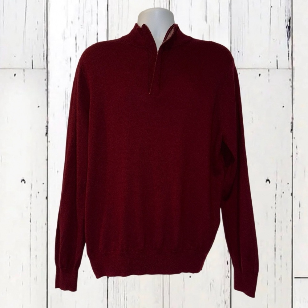 Alan Flusser Merino Wool Blend Quarter Zip Pullover Sweater Men’s Large Burgundy